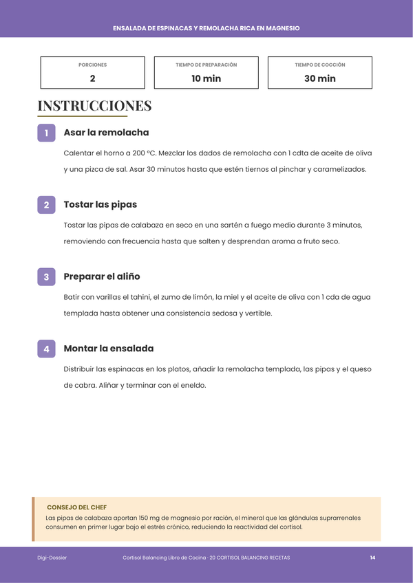 Página de instrucciones de muestra — Recetario para Equilibrar el Cortisol