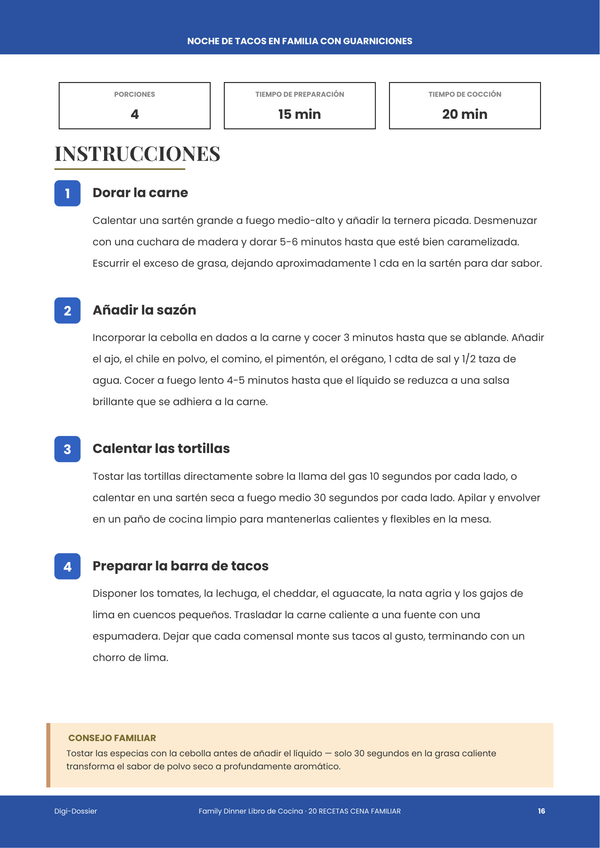 Página de instrucciones de muestra — Cena Familiar