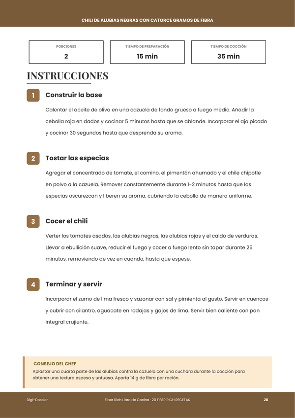 Página de instrucciones de muestra — Recetario Rico en Fibra