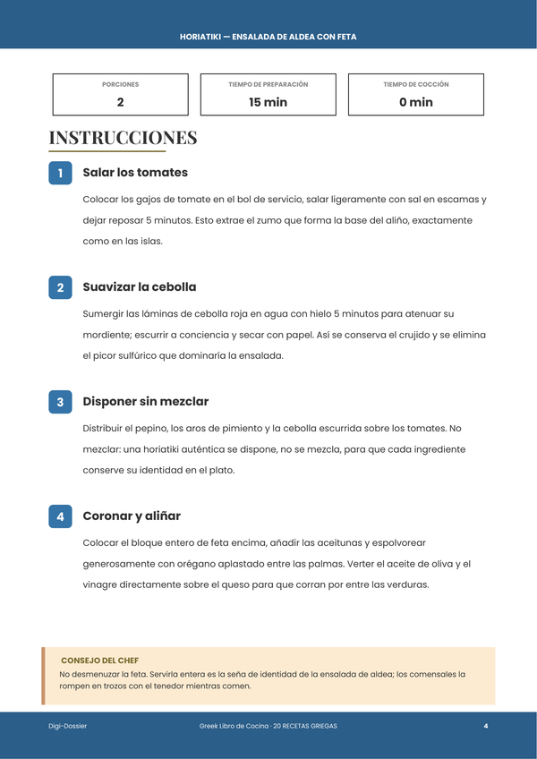 Página de instrucciones de muestra — Libro de Cocina Griega