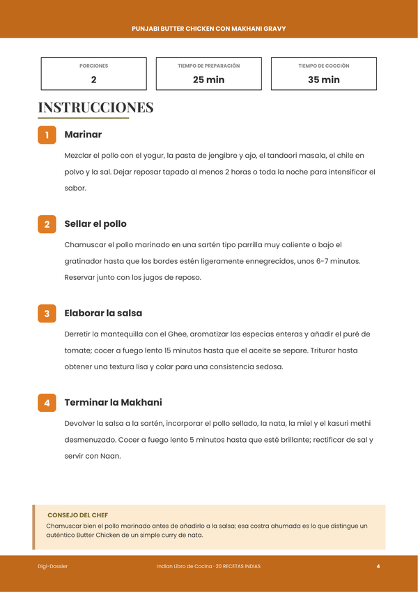 Página de instrucciones de muestra — Recetario Indio