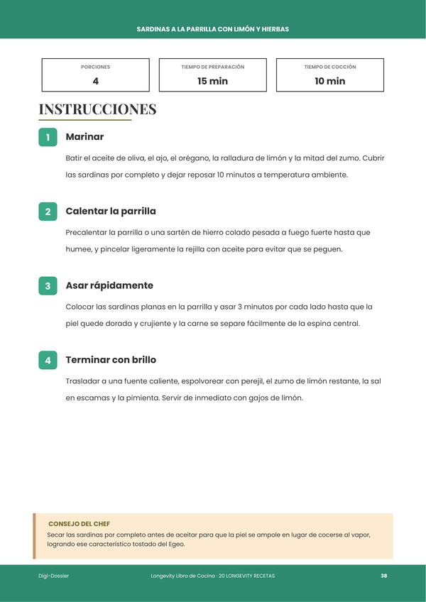 Página de instrucciones de muestra — Libro de cocina de longevidad