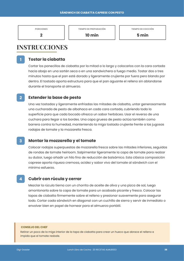 Página de instrucciones de muestra — Recetario para el Almuerzo