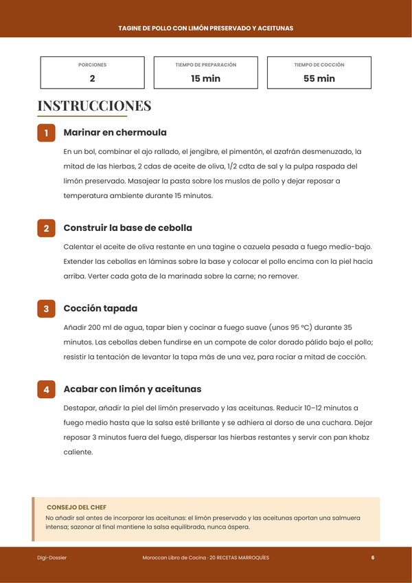 Página de instrucciones de muestra — Recetario Marroquí
