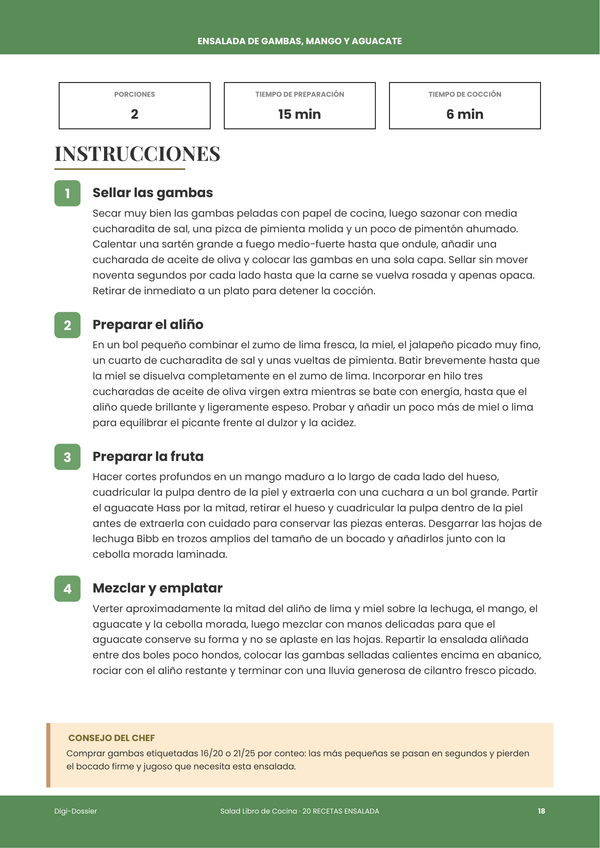 Página de instrucciones de muestra — Libro de Recetas de Ensaladas