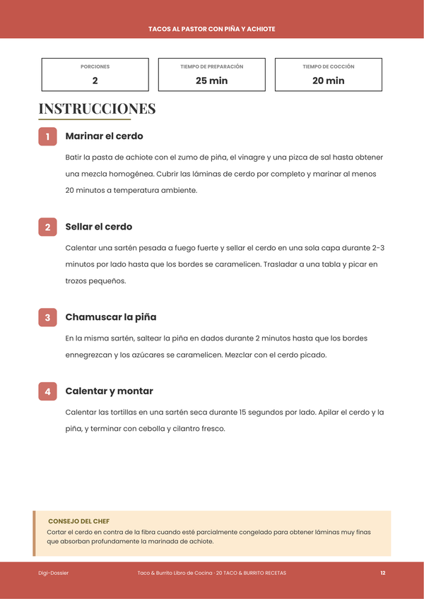 Página de instrucciones de muestra — Recetario de Tacos y Burritos