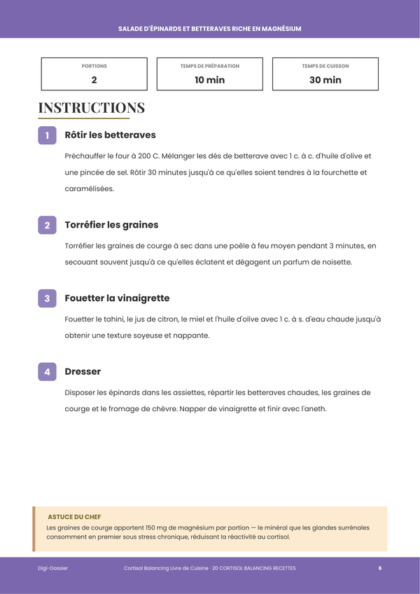 Exemple de page d'instructions — Livre de recettes Équilibre du Cortisol