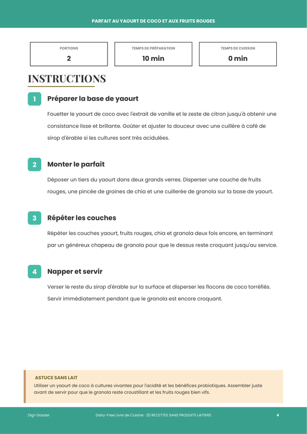 Exemple de page d'instructions — Livre de recettes Sans Produits Laitiers