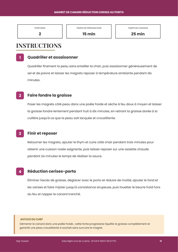Exemple de page d'instructions — Livre de recettes Soirée en Amoureux