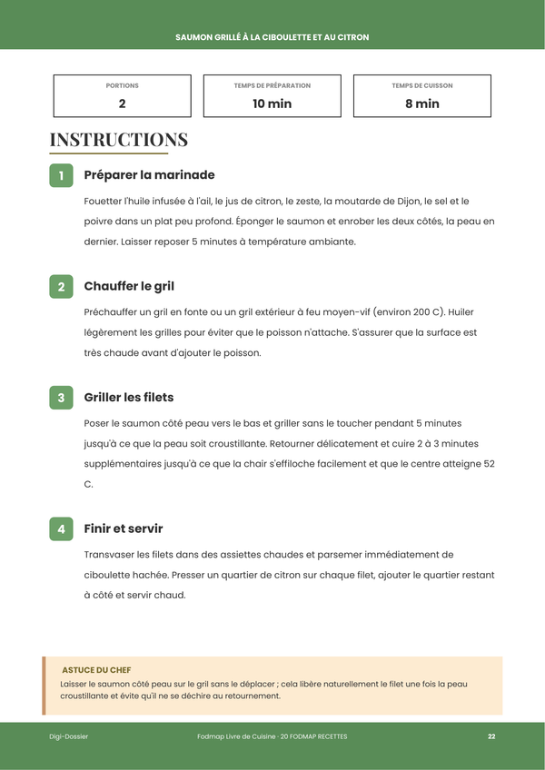 Exemple de page d'instructions — Livre de Cuisine FODMAP