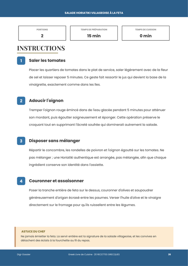Exemple de page d'instructions — Livre de Cuisine Grecque