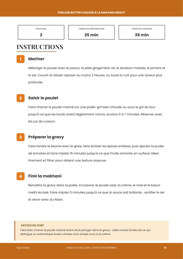 Exemple de page d'instructions — Livre de Cuisine Indienne