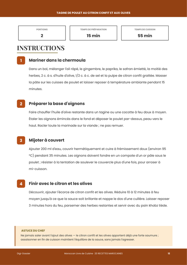 Exemple de page d'instructions — Livre de Recettes Marocain