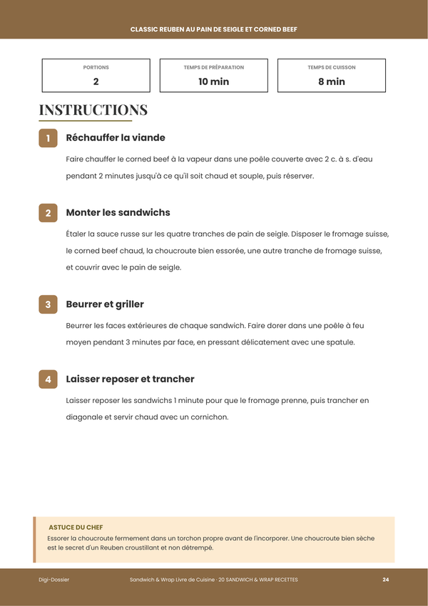Exemple de page d'instructions — Livre de Recettes de Sandwichs et Wraps