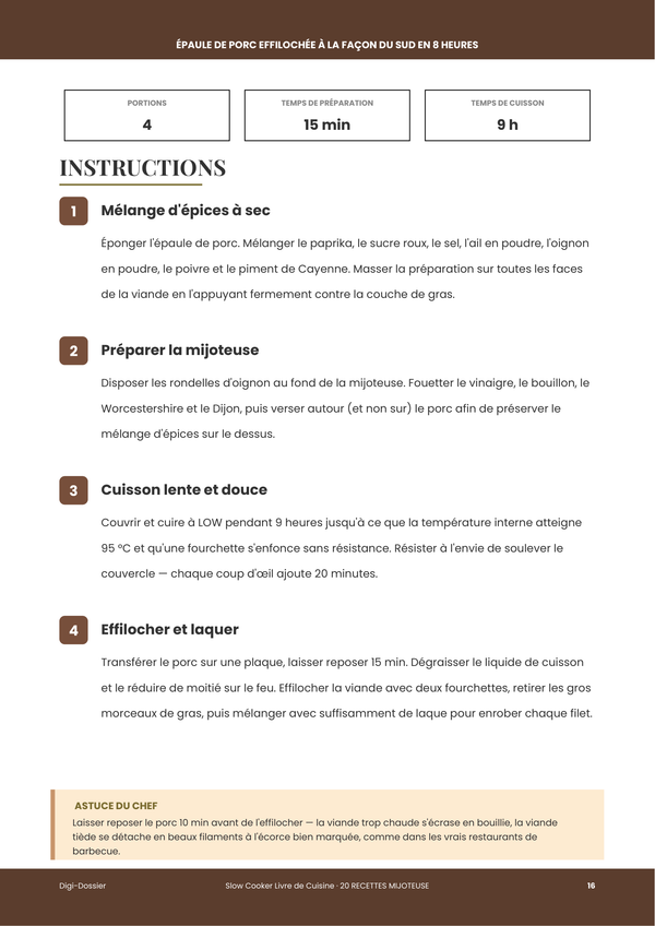 Exemple de page d'instructions — Livre de Cuisine à la Mijoteuse