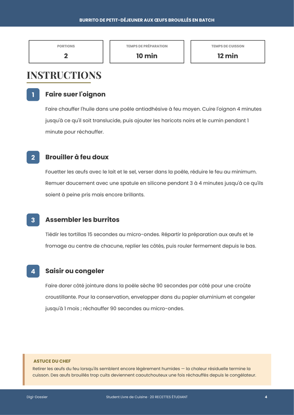 Exemple de page d'instructions — Livre de cuisine étudiant