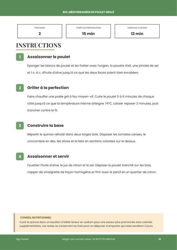 Exemple de page d'instructions — Livre de Cuisine Minceur