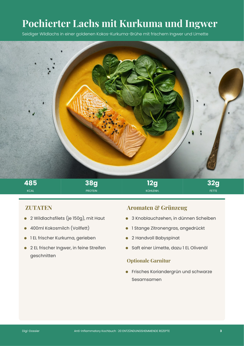 Beispiel-Rezeptseite &mdash; Pochierter Lachs mit Kurkuma und Ingwer (Rezept mit goldener Kokosbrühe)
