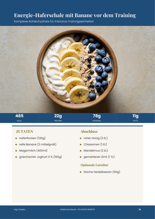 Beispiel-Rezeptseite &mdash; Energie-Haferschale mit Banane vor dem Training (Komplexe Kohlenhydrate)