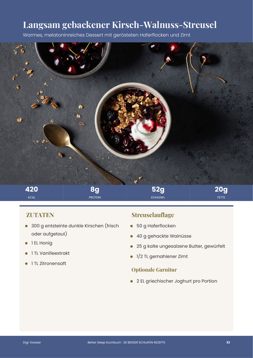 Beispiel-Rezeptseite &mdash; Langsam gebackener Kirsch-Walnuss-Streusel (Melatoninreiches Dessert für die Nacht)
