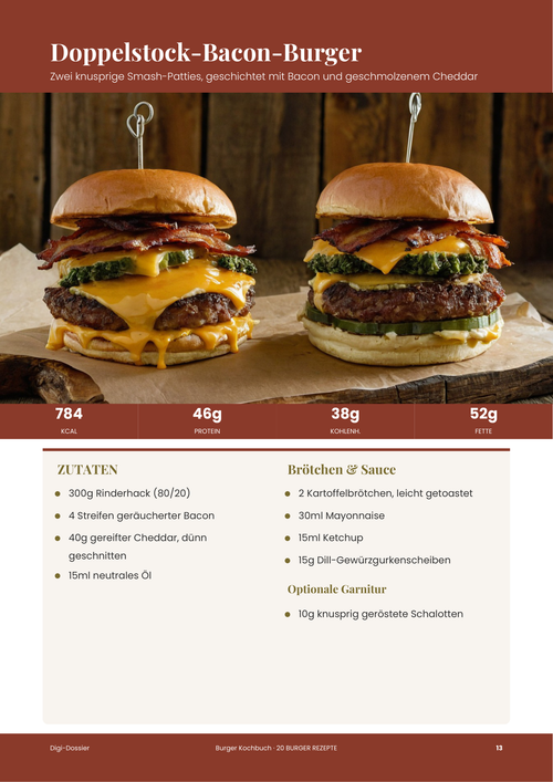 Beispiel-Rezeptseite &mdash; Doppelstock-Bacon-Burger (Knuspriges Smash-Burger-Rezept)