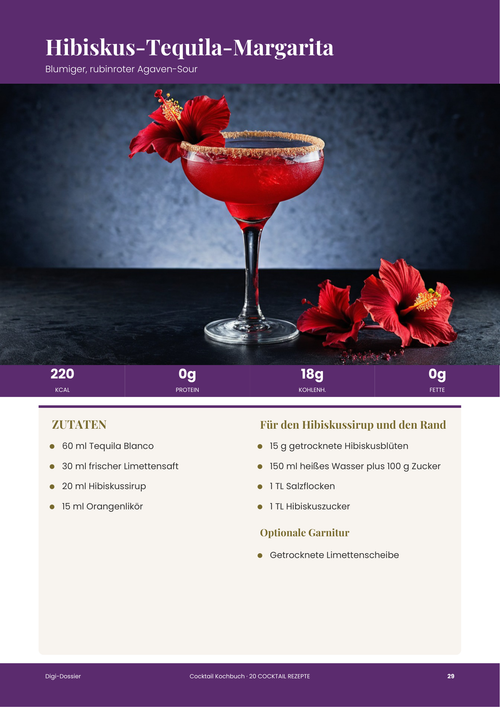 Beispiel-Rezeptseite &mdash; Hibiskus-Tequila-Margarita (Blumiger, rubinroter Agaven-Sour)