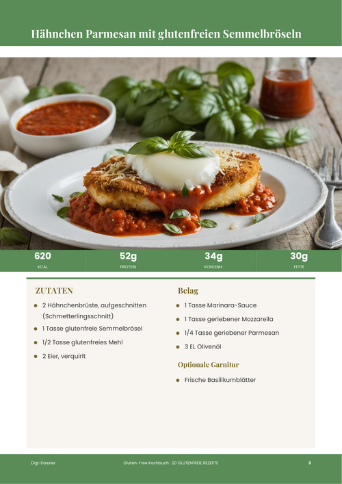 Beispiel-Rezeptseite &mdash; Hühnchen Parmesan mit glutenfreien Semmelbröseln (Knuspriges glutenfreies Rezept)