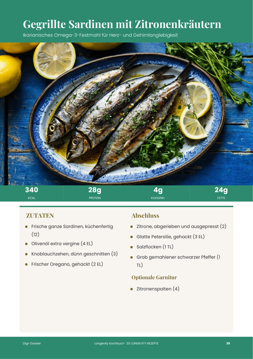 Beispiel-Rezeptseite &mdash; Gegrillte Sardinen mit Zitronenkräutern (Ikarisches Omega-3-Festmahl)