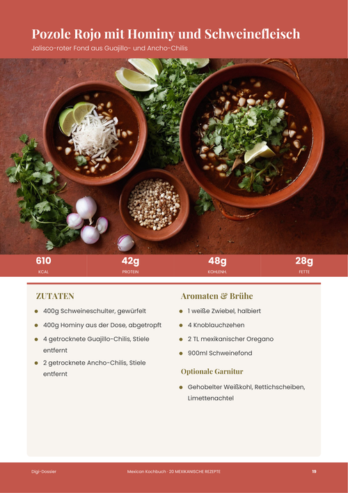 Beispiel-Rezeptseite &mdash; Pozole Rojo mit Hominy und Schweinefleisch (Jalisco-roter Fond)