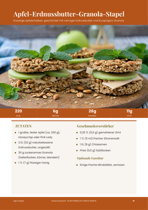 Beispiel-Rezeptseite &mdash; Apfel-Erdnussbutter-Granola-Stapel (Snack ohne Kochen)