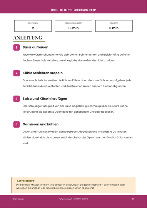 Beispiel-Anleitungsseite &mdash; Sieben-Schichten-Mexikanischer Dip (Party-Platte zum Vorbereiten)