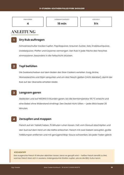Beispiel-Anleitungsseite &mdash; 8-Stunden-Southern Pulled Pork Shoulder (Slow-Cooker-Rezept)