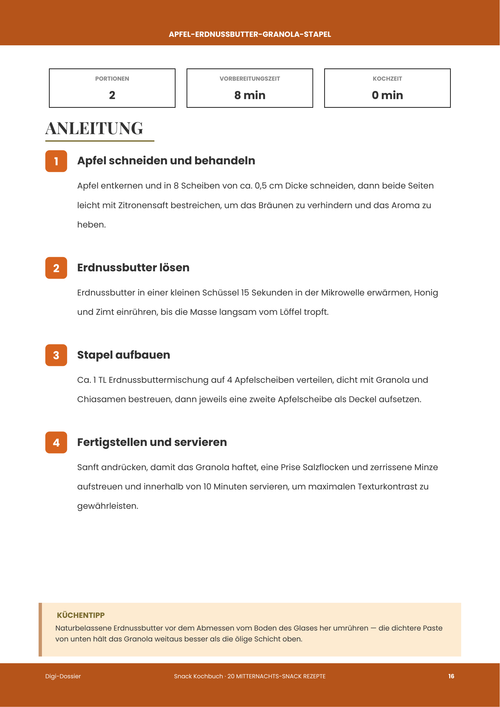 Beispiel-Anleitungsseite &mdash; Apfel-Erdnussbutter-Granola-Stapel (Snack ohne Kochen)