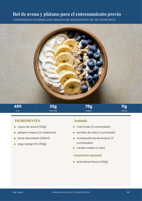 Página de receta de muestra &mdash; Bol de avena y plátano para el entrenamiento previo (Carbohidratos complejos)