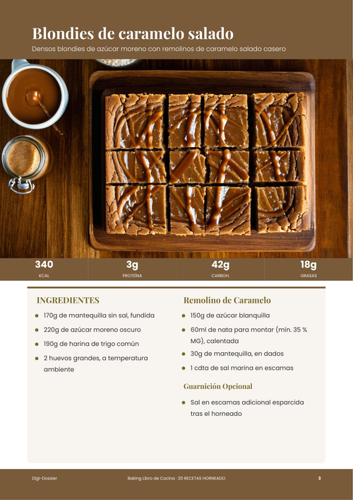 Página de receta de muestra &mdash; Blondies de caramelo salado (barritas fundentes de azúcar moreno)