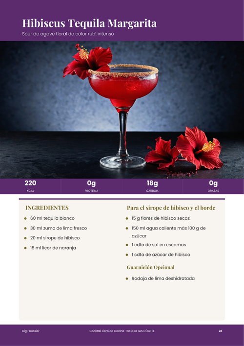 Página de receta de muestra &mdash; Hibiscus Tequila Margarita (Sour de agave floral de color rubí intenso)
