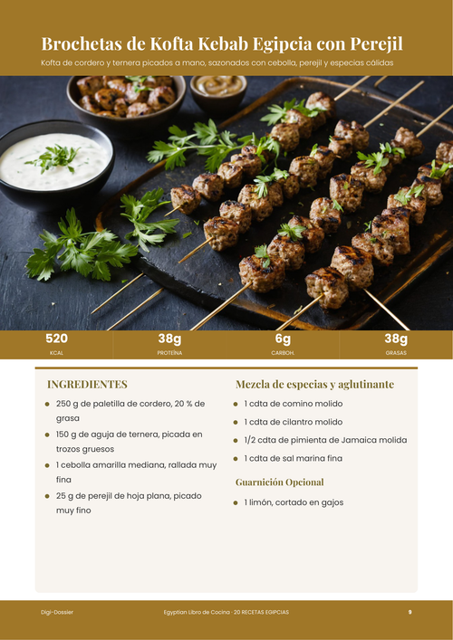 Página de receta de muestra &mdash; Brochetas de Kofta Kebab Egipcia (cordero y ternera a la parrilla)