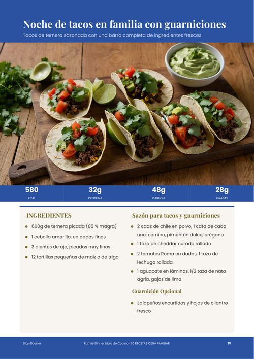 Página de receta de muestra &mdash; Noche de tacos en familia con guarniciones (receta fácil entre semana)