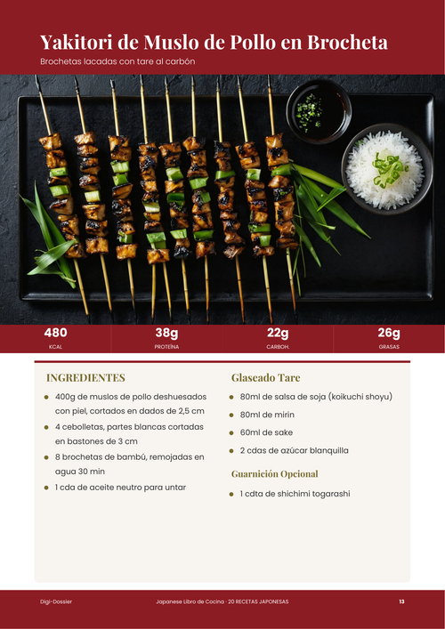 Página de receta de muestra &mdash; Yakitori de Muslo de Pollo en Brocheta (Recetas Lacadas con Tare)