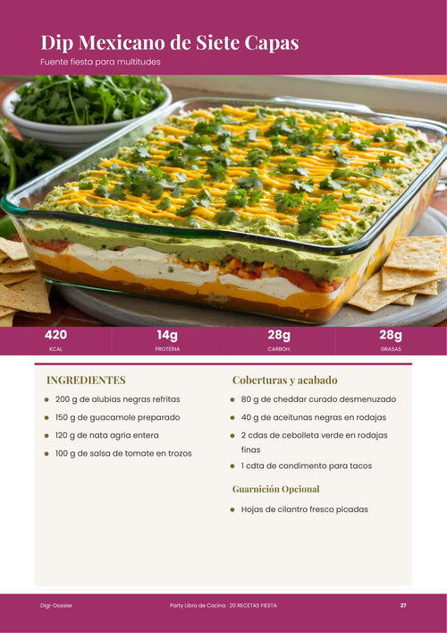Página de receta de muestra &mdash; Dip Mexicano de Siete Capas (fuente fiesta para preparar con antelación)