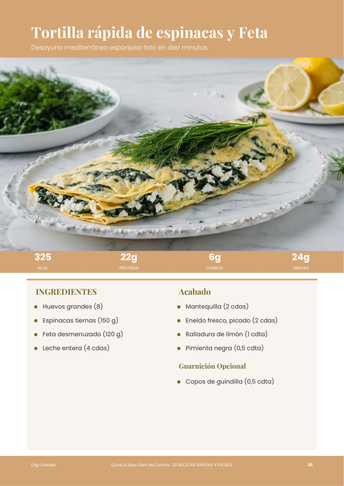 Página de receta de muestra &mdash; Tortilla rápida de espinacas y feta (Desayuno mediterráneo en 10 minutos)