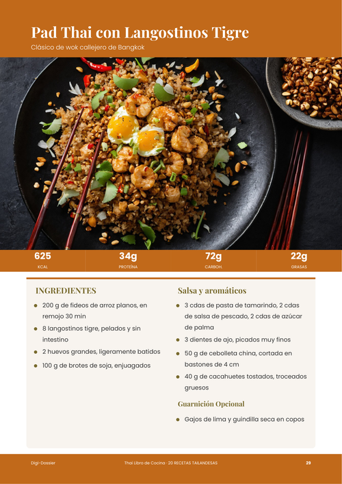 Página de receta de muestra &mdash; Pad Thai con Langostinos Tigre (clásico del wok callejero de Bangkok)