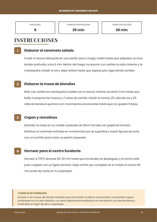 Página de instrucciones de muestra &mdash; Blondies de caramelo salado (barritas fundentes de azúcar moreno)