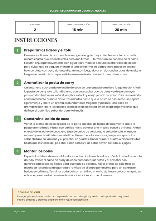 Página de instrucciones de muestra &mdash; Bol de Fideos con Curry de Coco Tailandés (Receta de Curry Rojo Sedoso)