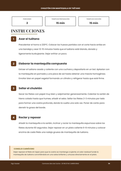 Página de instrucciones de muestra &mdash; Chuletón con Mantequilla de Tuétano (Receta Carnívora a la Sartén de Hierro)