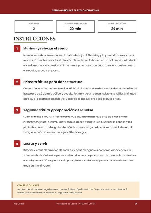 Página de instrucciones de muestra &mdash; Cerdo Agridulce al Estilo Hong Kong (receta al wok frita dos veces)