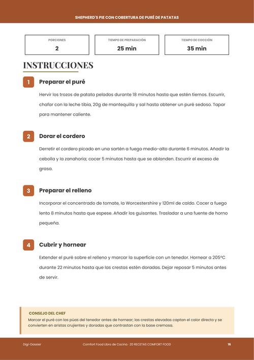 Página de instrucciones de muestra &mdash; Shepherd's Pie con Cobertura de Puré de Patatas (Clásico Reconfortante al Horno)