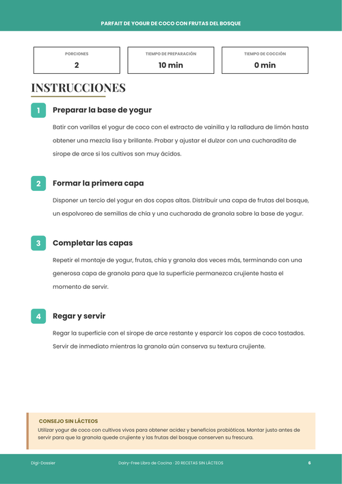 Página de instrucciones de muestra &mdash; Parfait de yogur de coco con frutas del bosque (desayuno sin lácteos en capas)