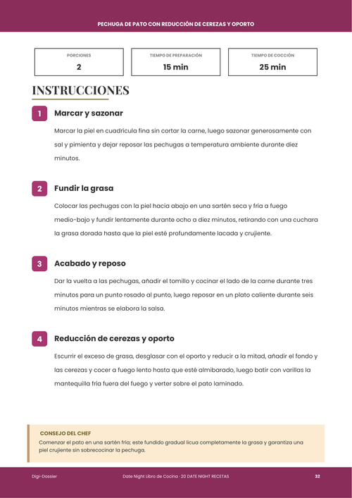 Página de instrucciones de muestra &mdash; Pechuga de Pato con Reducción de Cerezas y Oporto (Plato Principal de Cita Elegante)