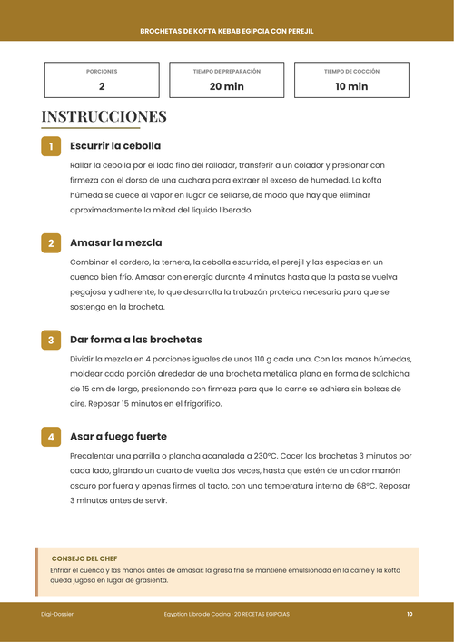 Página de instrucciones de muestra &mdash; Brochetas de Kofta Kebab Egipcia (cordero y ternera a la parrilla)